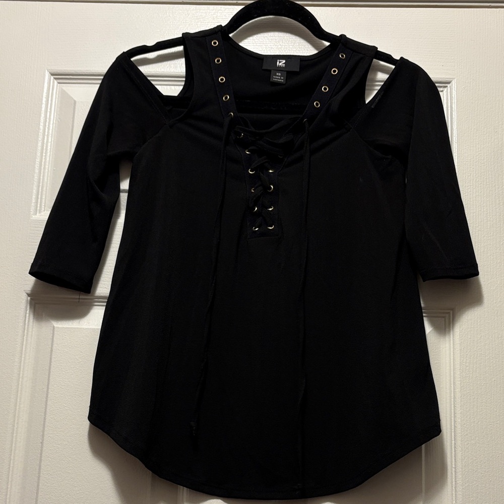 Iz Byer Black Lace-Up Shoulder Blouse